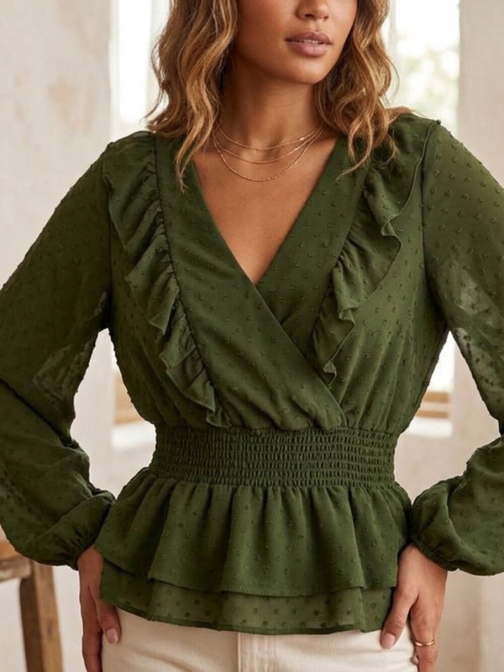 Peach Love Green Ruffled V-Neck Blouse size medium